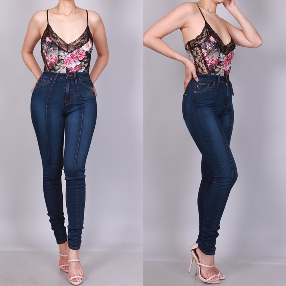 High Waist Dark Blue Skinny Jeans
